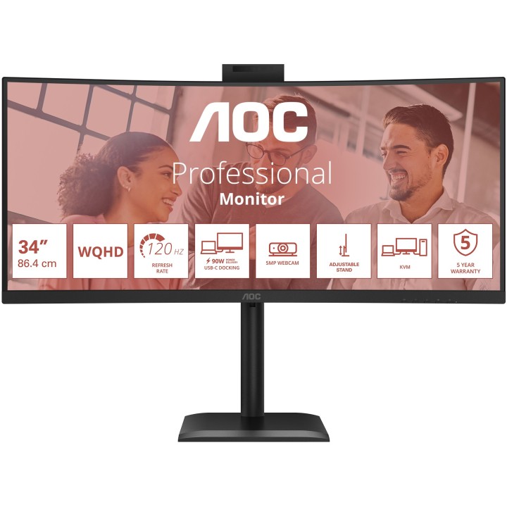 AOC E4 CU34E4CW, 34", Webcam, VA, UWQHD, 120Hz, USB-C, DP, HDMI