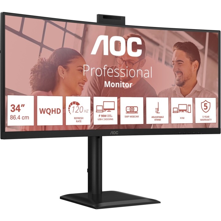AOC E4 CU34E4CW, 34", Webcam, VA, UWQHD, 120Hz, USB-C, DP, HDMI