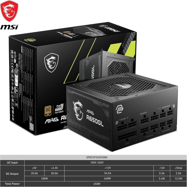 MSI MAG A650GL BK, 80 PLUS Gold, 650w