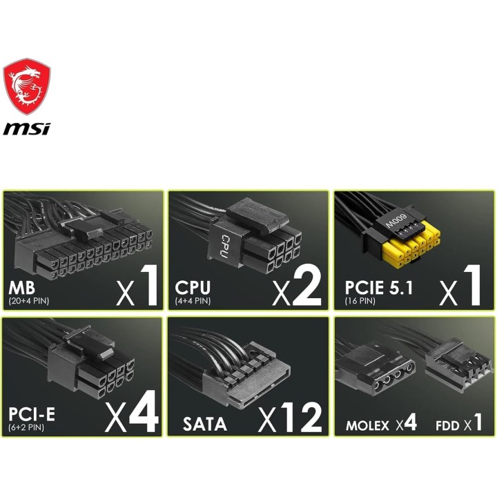 MSI MAG A1250GL PCIe5, 80 Plus Gold, 1250w